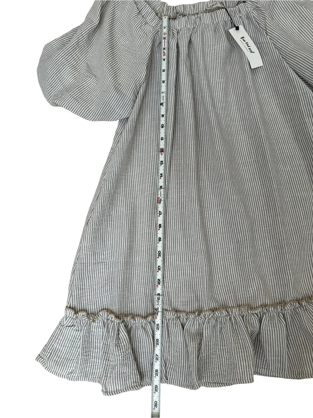 Three Bird Nest Solace Ruffled Hem Dress Beige Striped Puff Sleeve Boho Small - Picture 10 of 12